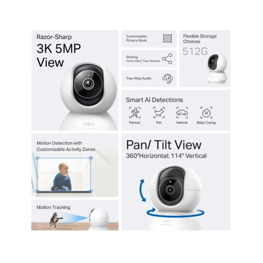 TP-Link Tapo C230 3K 5MP 360 Degrees Pan/Tilt AI Home Indoor WiFi IP Security Cctv Sale Camera Connect to Cellphone with Mic and Speaker