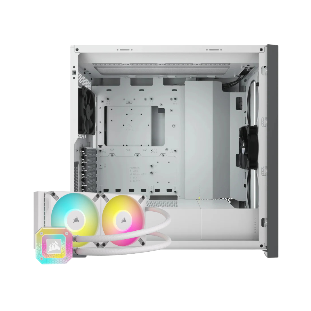 Corsair 5000D Tempered Glass Mid-Tower ATX PC Case White CC-9011209-WW + Corsair iCUE H100i Elite Capellix XT 240mm Radiator Liquid CPU Cooler White CW-9060072-WW
