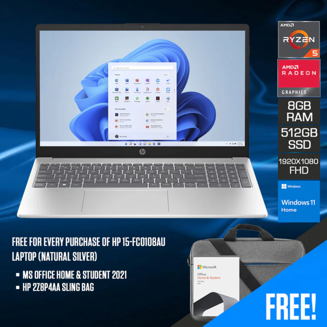 HP 15-FC0108AU Laptop (Natural Silver) | 15.6” FHD | Ryzen 5 7520U | 8GB RAM | 512GB SSD | AMD Radeon Graphics | Windows 11 Home | MS Office Home & Student 2021 | HP Sling Bag