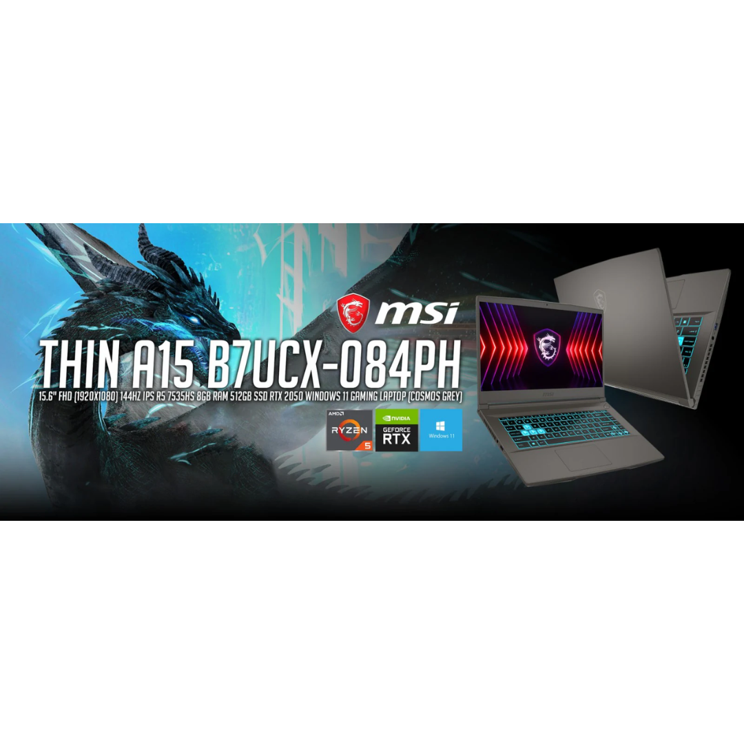 MSI Thin A15 B7UCX-084PH Gaming Laptop (Cosmos Grey) | 15.6" FHD 144Hz IPS | R5 7535HS | 8GB RAM | 512GB SSD | RTX 2050 | Windows 11 | MSI Gaming Backpack