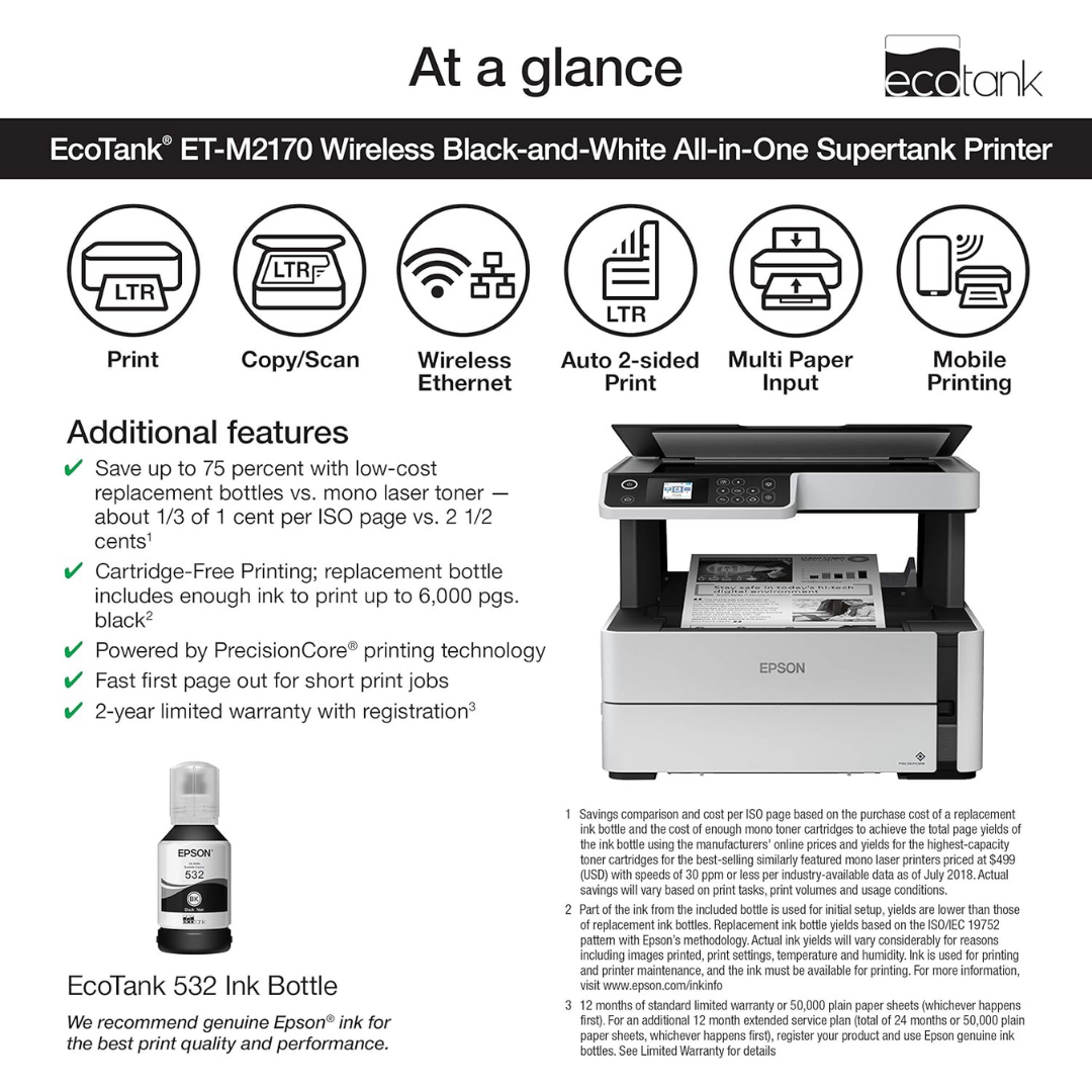 Epson M2170 EcoTank Monochrome All-in-One WiFi Duplex Ink Tank Printer