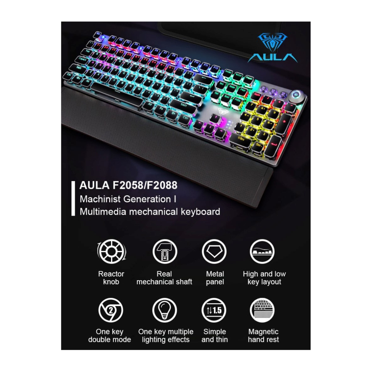 Aula F2088 Multimedia Durable Metal Panel BLACK 108 KEYS with Magnetic Wrist Wrest Mechanical Gaming Keyboard