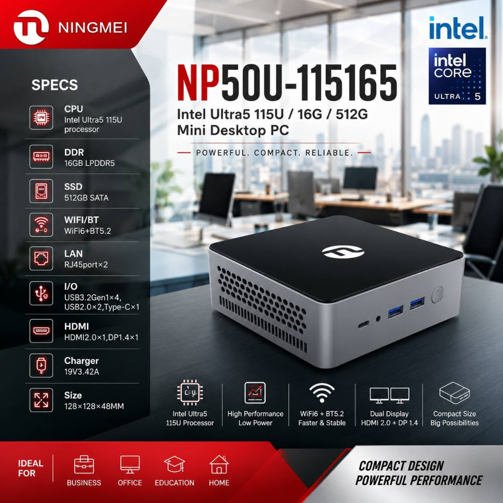 Ningmei NP50U-115165 Mini PC (Black) Intel Ultra 5 115U | 16GB D5 RAM | 512GB SSD | Windows 11 Pro | hdmi Usb-C