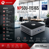 Ningmei NP50U-115165 Mini PC (Black) Intel Ultra 5 115U | 16GB D5 RAM | 512GB SSD | Windows 11 Pro | hdmi Usb-C