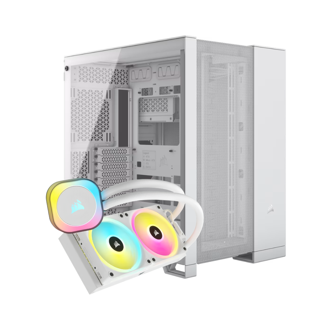 Corsair 6500D Airflow White Dual Chamber Case CC-9011260-WW ( No Box ) + Corsair iCUE H100i RGB Elite Liquid CPU Cooler White CW-9060078-WW