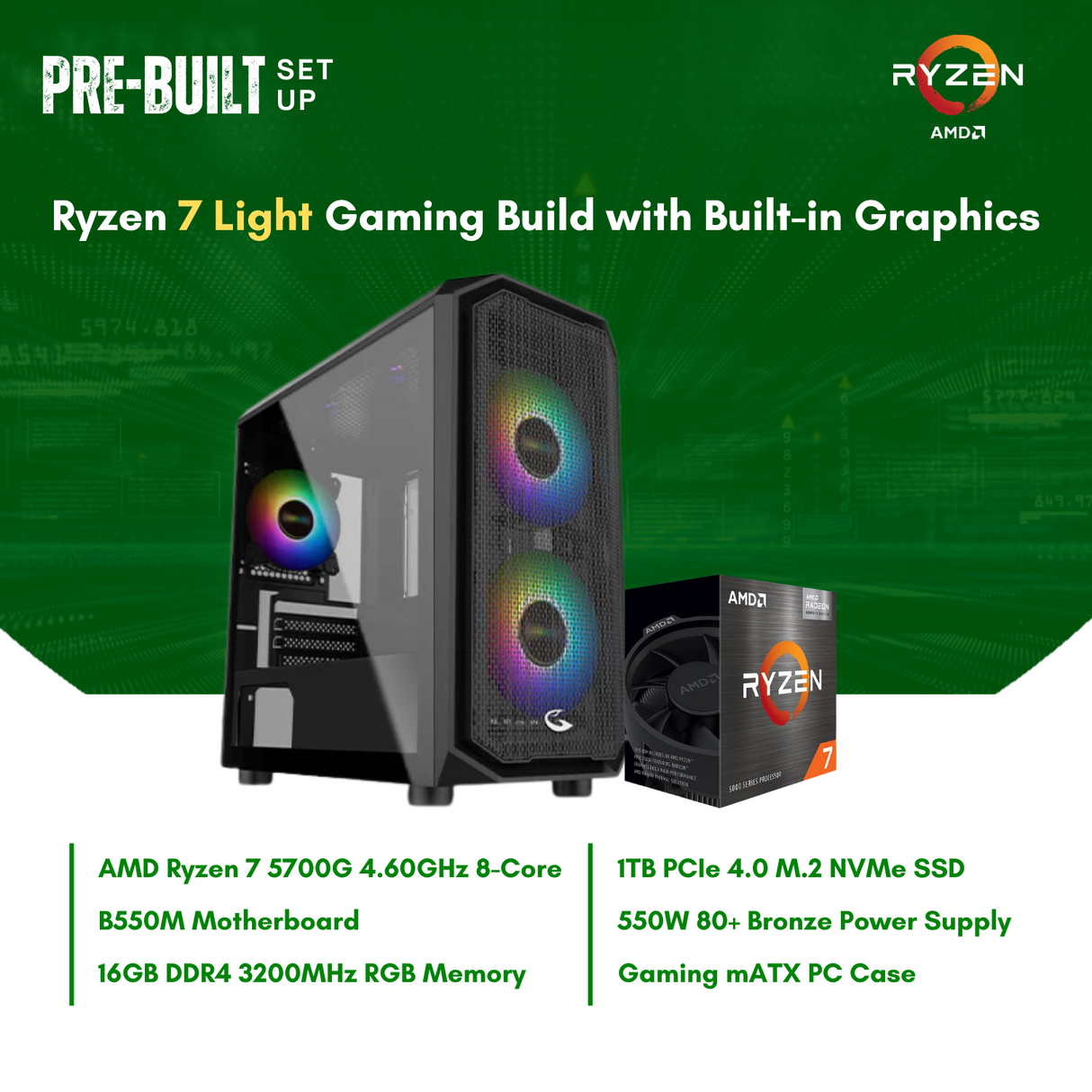 AMD Ryzen 7 5700G 8-Core | B550M | 16GB DDR4 RAM | 1TB NVMe SSD | 550W Bronze PSU | Sting Pro mATX Case | CPU Package