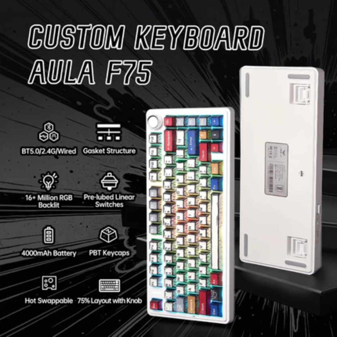 AULA F75 Mechanical Keyboard 75% 80 Key RGB Tri-Mode Wired Bluetooth 2.4G Gasket Structure Hot-swap Gaming Keyboard
