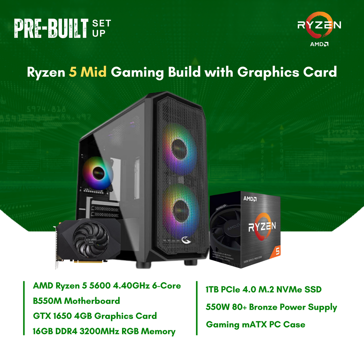 AMD Ryzen 5 5600 6-Core | B550M | 16GB DDR4 RAM | 1TB NVMe AMD Ryzen 5 5600 6-Core | B550M | 16GB DDR4 RAM | 1TB NVMe