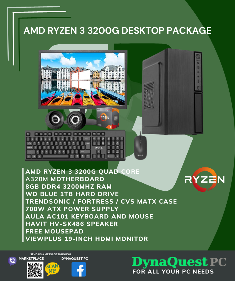 AMD Ryzen 3 3200G Vega 8 Graphics 4 Core 8GB | 1TB | 19-in Monitor | KB | Mouse | Spkr Package Desktop