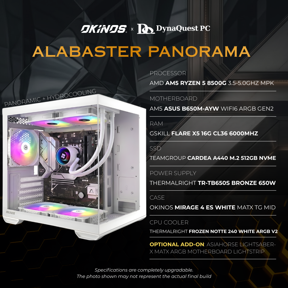 AMD Ryzen 5 8500G | B650M-AYW WiFi6 Gen2 | 16GB RAM | M.2 512GB NVMe | Bronze 650W | Okinos Mirage 4 ES White mATX TG Mid | Thermalright Frozen Notte 240 White ARGB V2