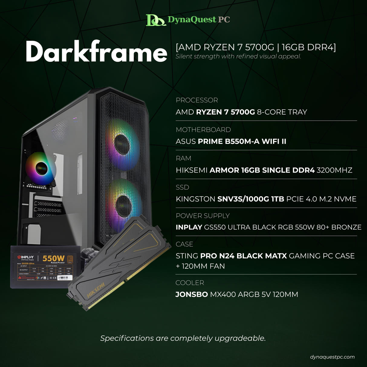 AMD Ryzen 7 5700G 8-Core | B550M | 16GB DDR4 RAM | 1TB NVMe SSD | 550W Bronze PSU | Sting Pro mATX Case | CPU Package