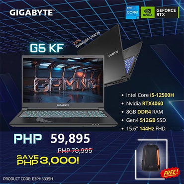 Gigabyte G5 KF-E3PH333SH 15.6inch FHD 144Hz | i5-12500H | 8GB RAM | 512GB SSD | RTX 4060 8GB | Win 11 | Gigabyte Backpack