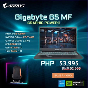 Gigabyte G5 MF-E2PH333SH 15.6" 144HZ | I5-12500H | 8GB | 512GB Gen4 NVME | RTX 4050 6G VRAM | Windows 11 | Gaming Notebook Bag
