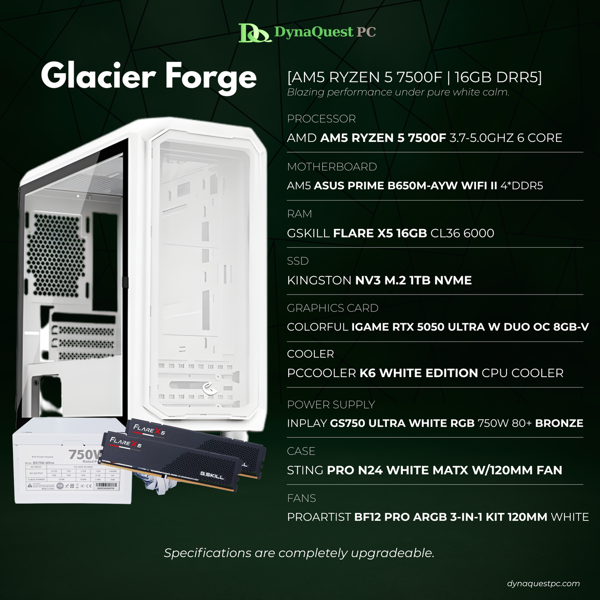 AMD Ryzen 5 7500F 6-Core | B650M-AYW | 16GB DDR5 RAM | 1TB NVMe SSD | RTX5050 8GB OC GPU | 750W Bronze PSU | Sting Pro mATX Case | 120mm Air Cooler | CPU Package