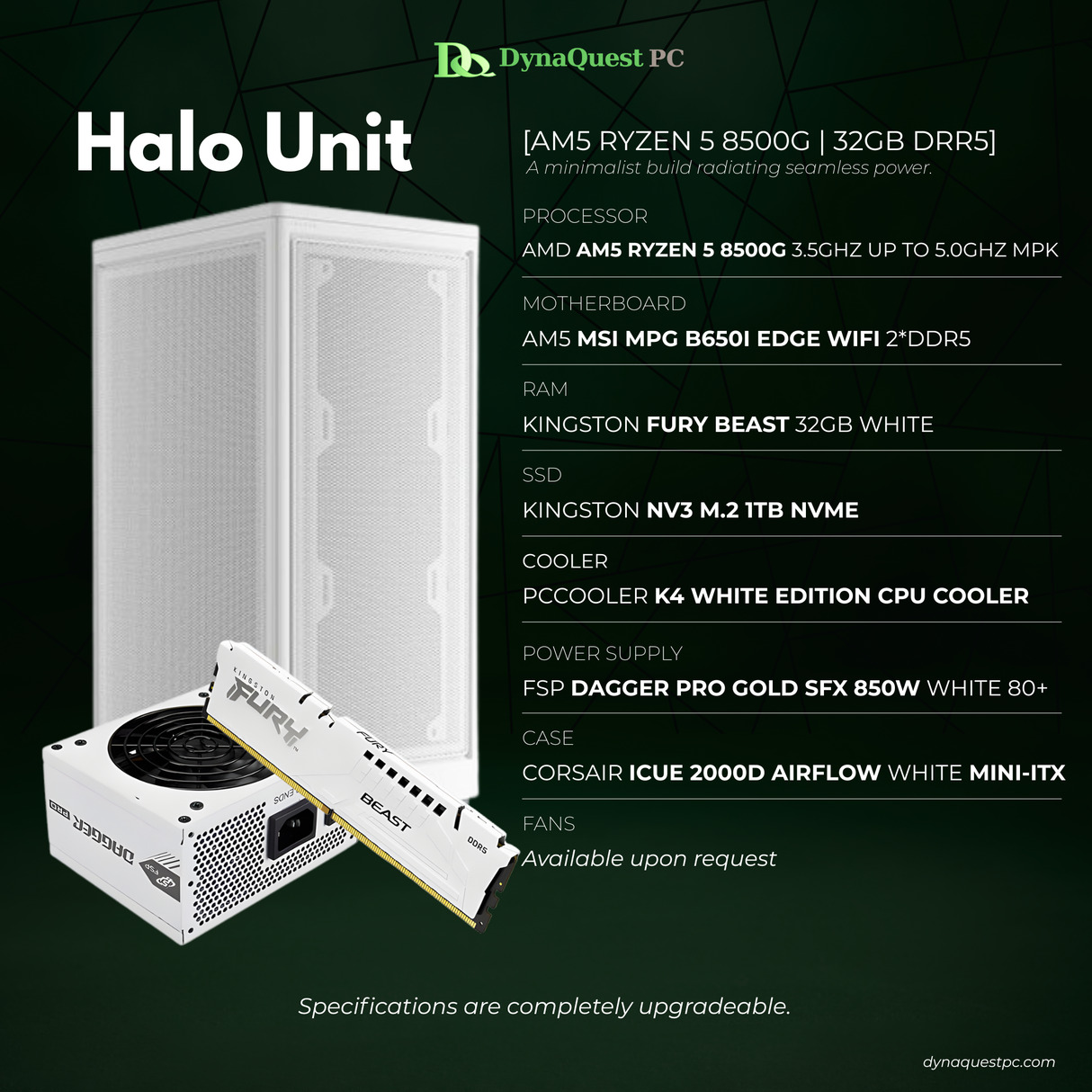 AMD Ryzen 5 8500G 6-Core | B650i | 32GB DDR5 RAM | 1TB NVMe SSD | 750W Bronze PSU | Corsair mini-ITX Case | 120mm Air Cooler | CPU Package