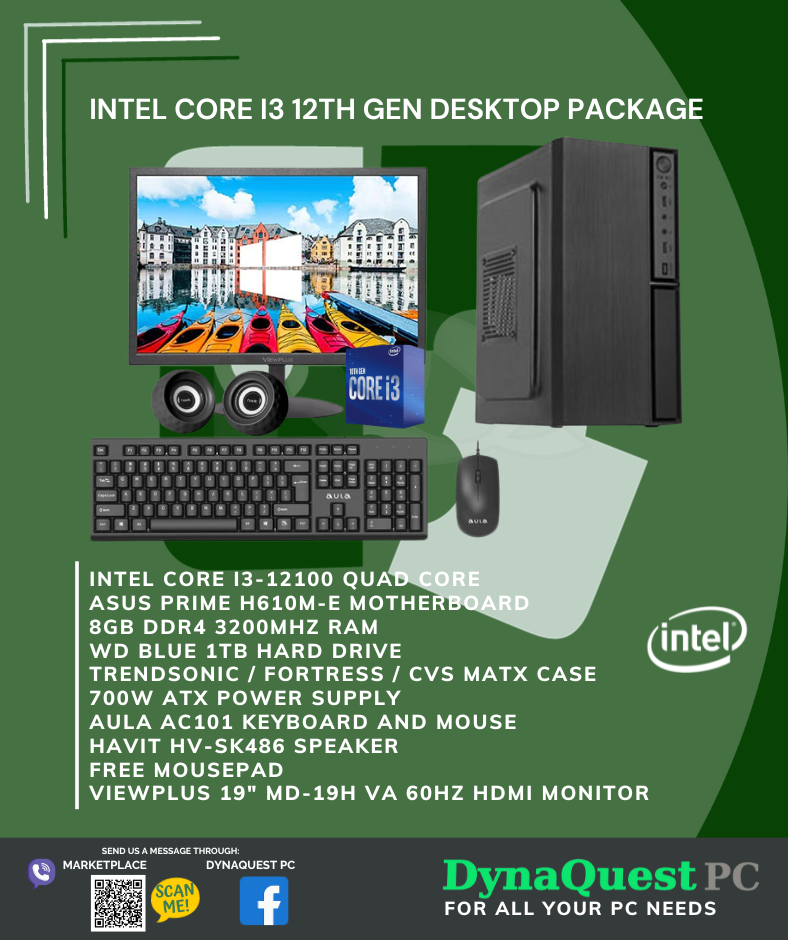 Intel Core i3-12100 Quad Core, 8GB RAM, 1TB HDD, Keyboard, Mouse