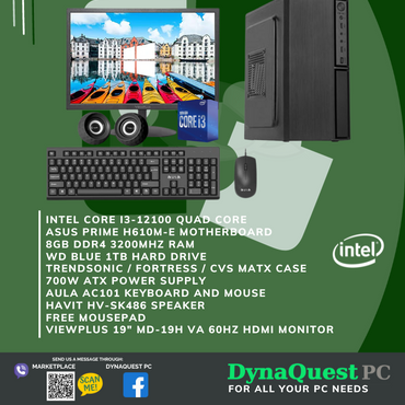 Intel Core i3-12100 Quad Core | 8GB RAM | 1TB HDD | Keyboard | Mouse | Speaker | 19" LED Package Desktop