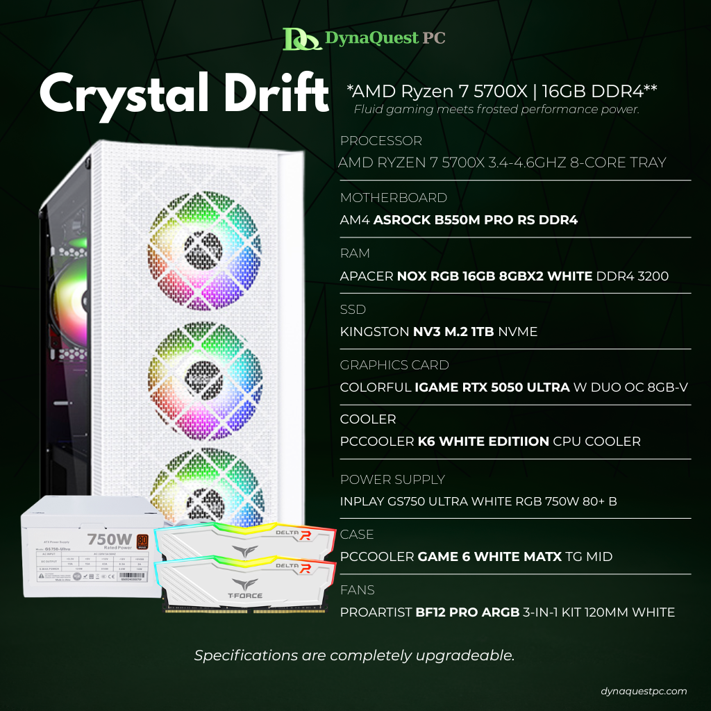AMD Ryzen 7 5700X 8-Core | B550M | 16GB DDR4 RAM | 1TB NVMe SSD | 750W Bronze PSU | PCcooler mATX Case | 120mm Air Cooler | CPU Package