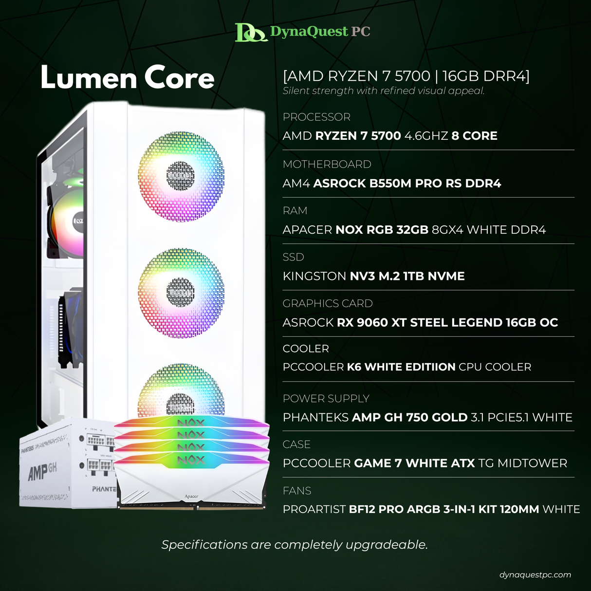 AMD Ryzen 7 5700 8-Core | B550M | 32GB DDR4 RAM | 1TB NVMe SSD | RX 9060XT 16GB OC GPU | 750W Gold PSU | PCCooler mATX Case | 120mm Air Cooler | CPU Package