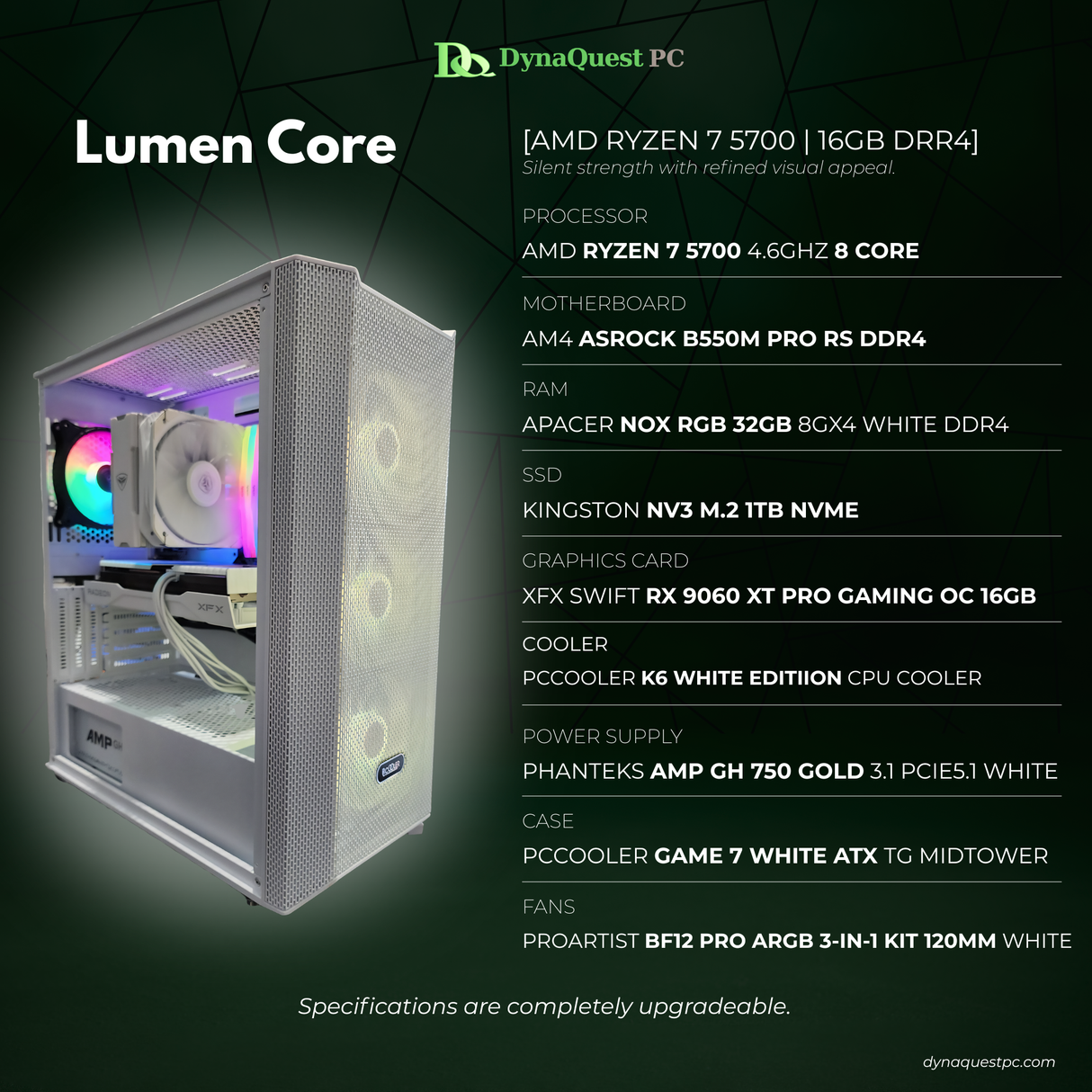AMD Ryzen 7 5700 8-Core | B550M | 32GB DDR4 RAM | 1TB NVMe SSD | RX 9060XT 16GB OC GPU | 750W Gold PSU | PCCooler mATX Case | 120mm Air Cooler | CPU Package
