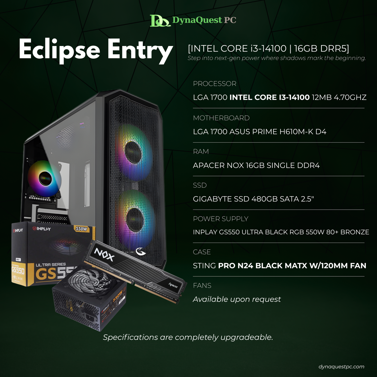 Intel Core i3-14100 | H610M | 16GB DDR4 RAM | 500GB NVMe SSD | 500W PSU | Sting Pro mATX Case | Keyboard | Mouse | Speaker | CPU Package