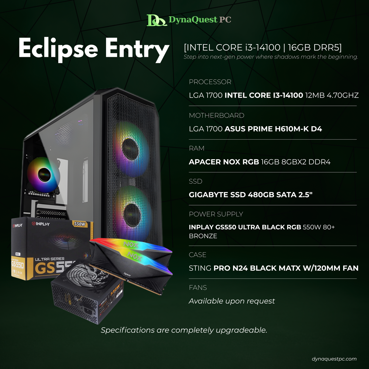 Intel Core i3-14100 | H610M | 16GB DDR4 RAM | 500GB NVMe SSD | 500W PSU | Sting Pro mATX Case | Keyboard | Mouse | Speaker | CPU Package