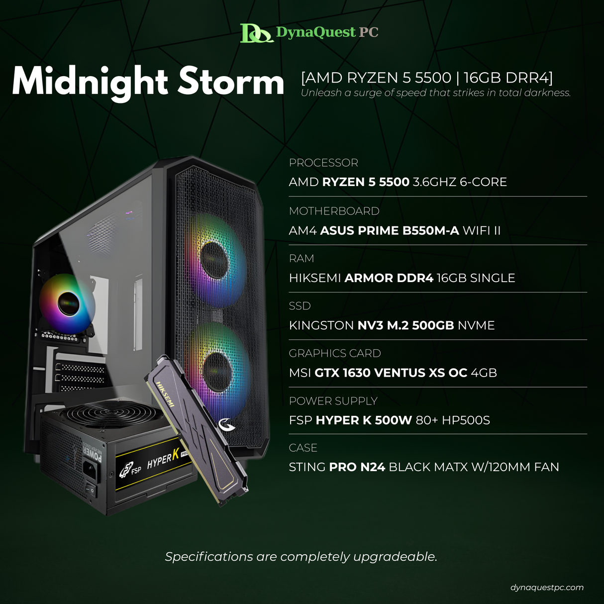 AMD Ryzen 5 5500 6-Core | B550M | 16GB DDR4 RAM | 500GB NVMe SSD | 1630 VENTUS XS OC 4GB GPU | 500W PSU | STRING PRO Case | CPU Package