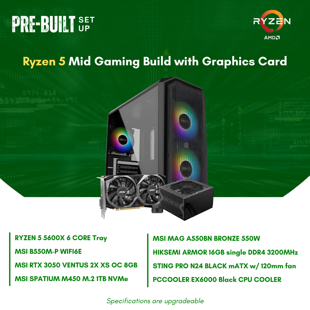 AMD Ryzen 5 5600X 6-Core | B550M-P | 16GB DDR4 RAM | 1TB NVMe SSD | RTX 3050 8G OC GPU | 550W Bronze PSU | Sting Pro mATX Case | CPU Package