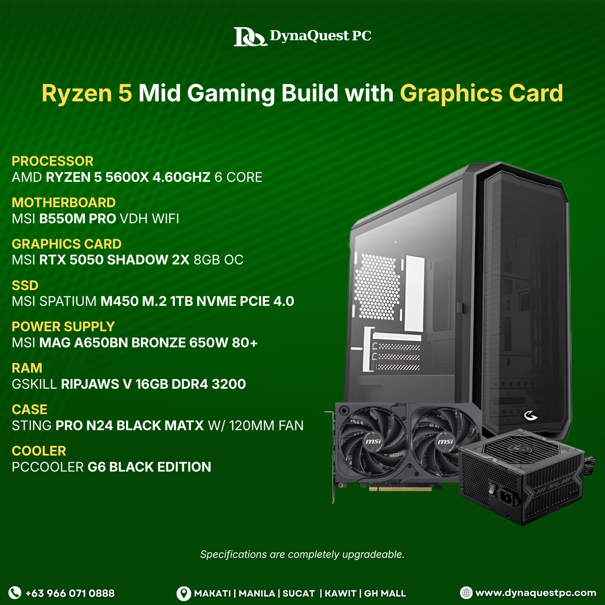 AMD Ryzen 5 5600X 6-Core | B550M | 16GB DDR4 RAM | 1TB NVMe SSD | RTX5050 8G OC GPU | 650W Bronze PSU | Sting Pro mATX Case | CPU Package