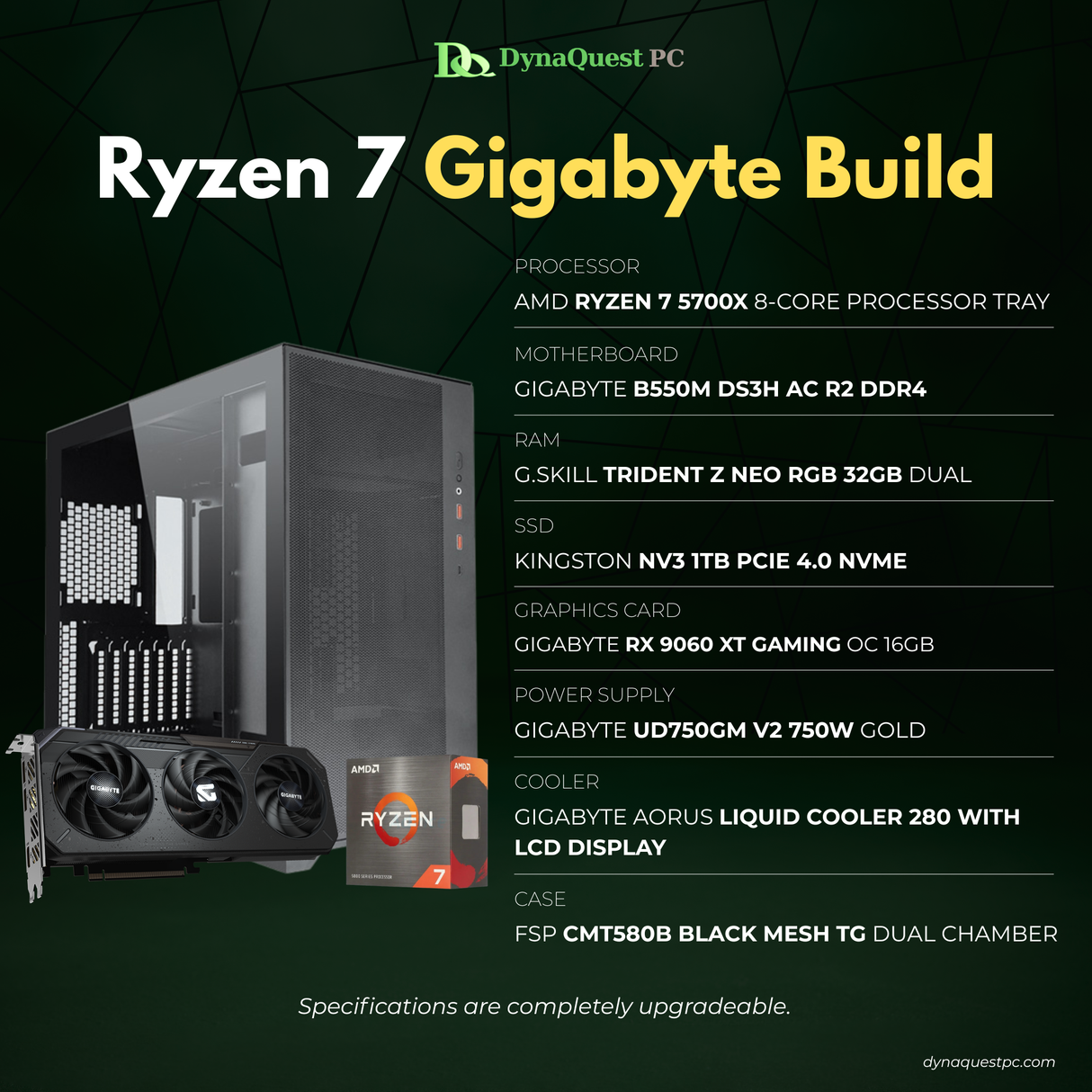 AMD Ryzen 7 5700X 8-Core | B550M | 32GB DDR4 RAM | 1TB NVMe SSD | RX9060 XT GPU | 750W Gold PSU | Gigabyte Case | 240mm Liquid Cooler | CPU Package