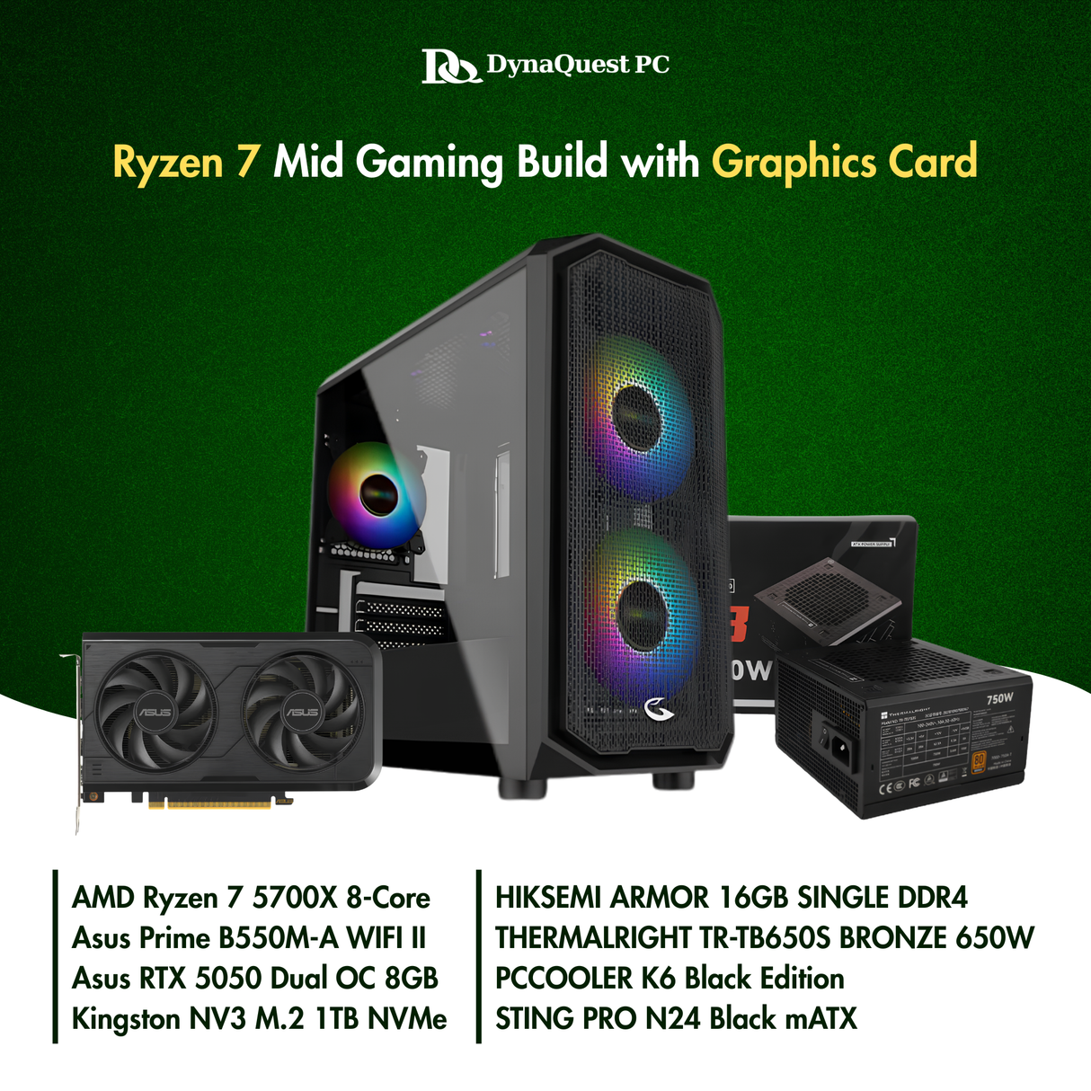AMD Ryzen 7 5700X 8Core | B550M | 16GB DDR4 RAM | 1TB NVMe SSD | RTX 5050 OC 8G GPU | 650W Bronze PSU | Sting Pro N24 mATX Case | 120mm Air Cooler | CPU Package