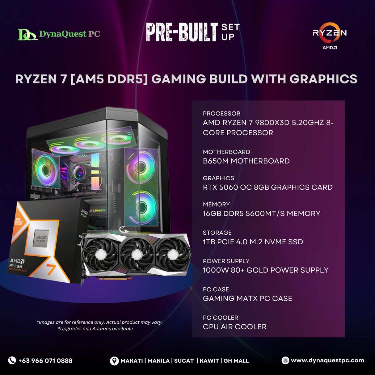 AMD Ryzen 7 9800X3D 8-Core | B650M | 16GB DDR5 RAM | 1TB NVMe SSD | RTX 5060 O8G GPU | 1050W Gold PSU | Sting PRO Case | 360mm Air Cooler | CPU Package