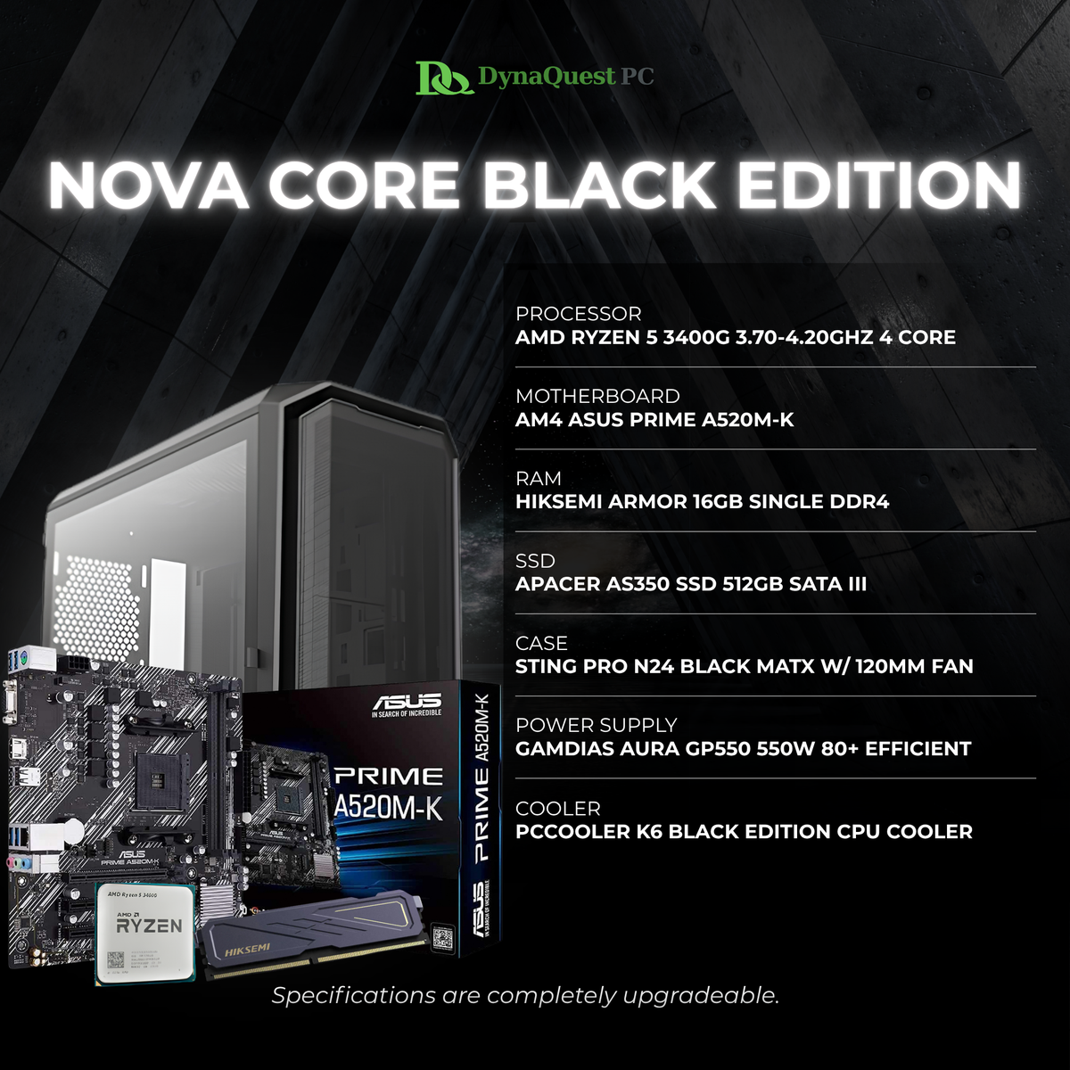 AMD Ryzen 5 3400G | Vega 11 Graphics | A520M-K | 16GB DDR4 RAM | 512GB SATA III SSD | 550w 80+ | STRING PRO Case | CPU Package