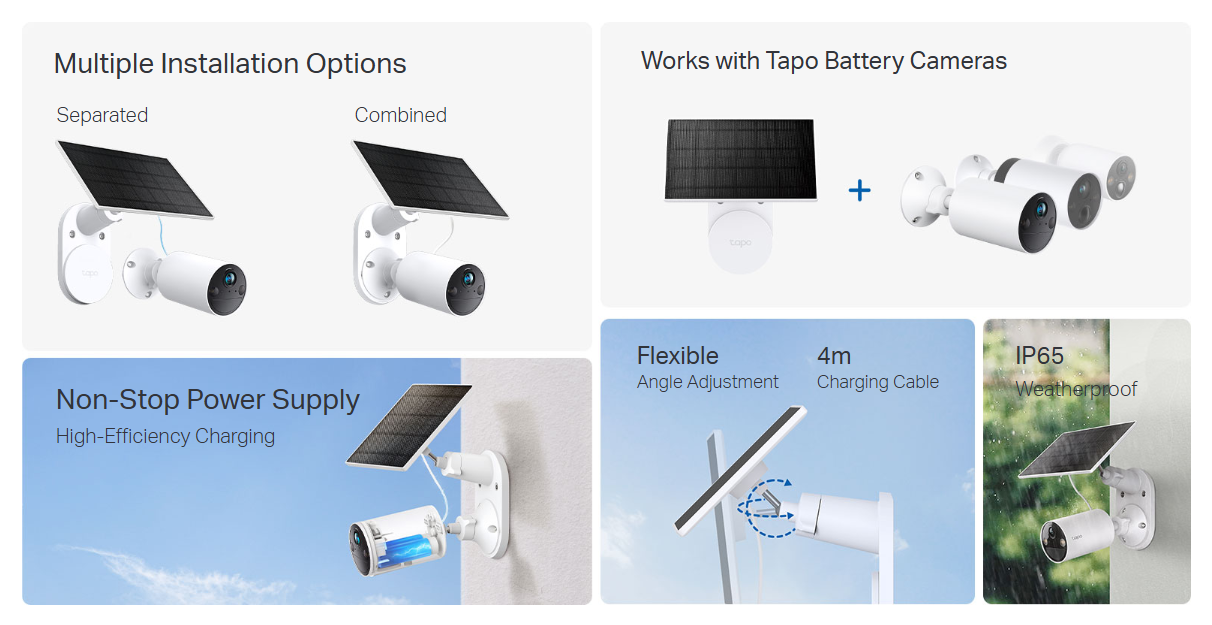 TP-Link Tapo A201 IP65 Weatherproof Non-Stop Power Supply Works with Tapo Battery Cameras Flexible Monocrystalline Solar Panel