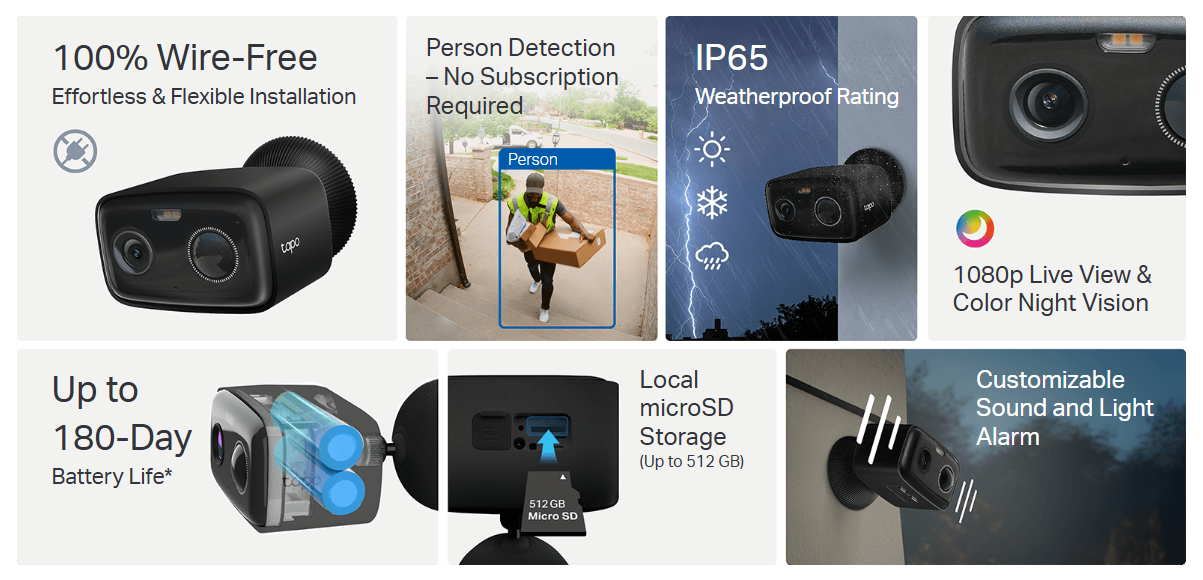 TP-Link Tapo C401 2K Battery-Powered Outdoor Camera Color Night Vision Weatherproof Up to 180-Day Battery Life Black