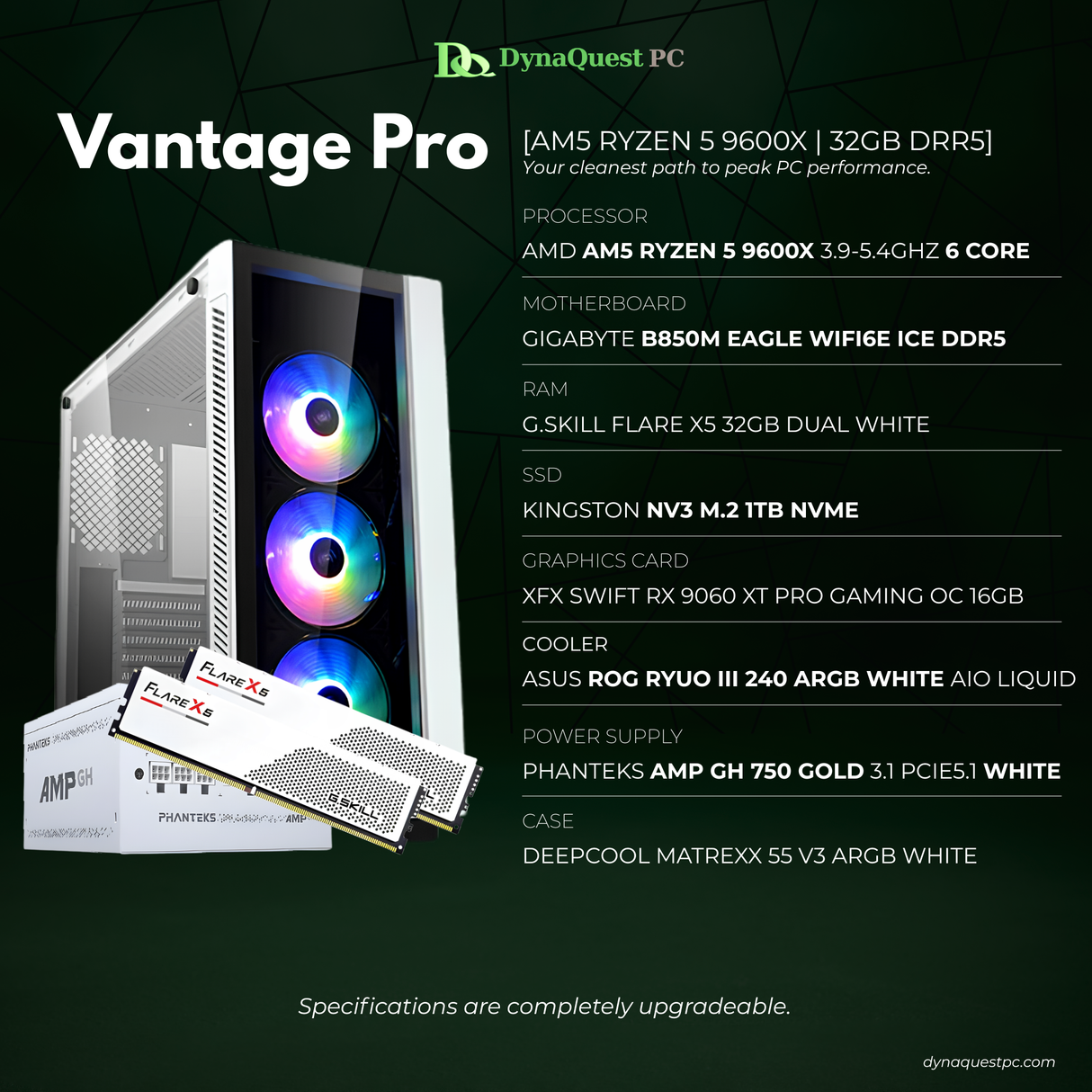 AMD Ryzen 5 9600X 6 Core | B850M EAGLE WIFI6E | 32GB DDR5 RAM | 1TB NVMe SSD | RX 9060 XT 16GB GPU | 750W Gold PSU | DEEPCOOL MATREXX 55 ATX Case | 240mm AIO Cooler | CPU Package